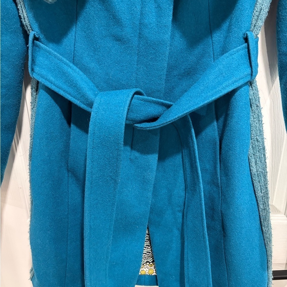 Anthropologie Elevenses Teal Coat Ribbed Collar Belt Wool Blend Boho - Picture 3 of 15